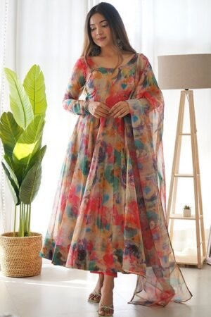 Orange Stains Organza Printed Anarkali Gown With Pant & Dupatta Set