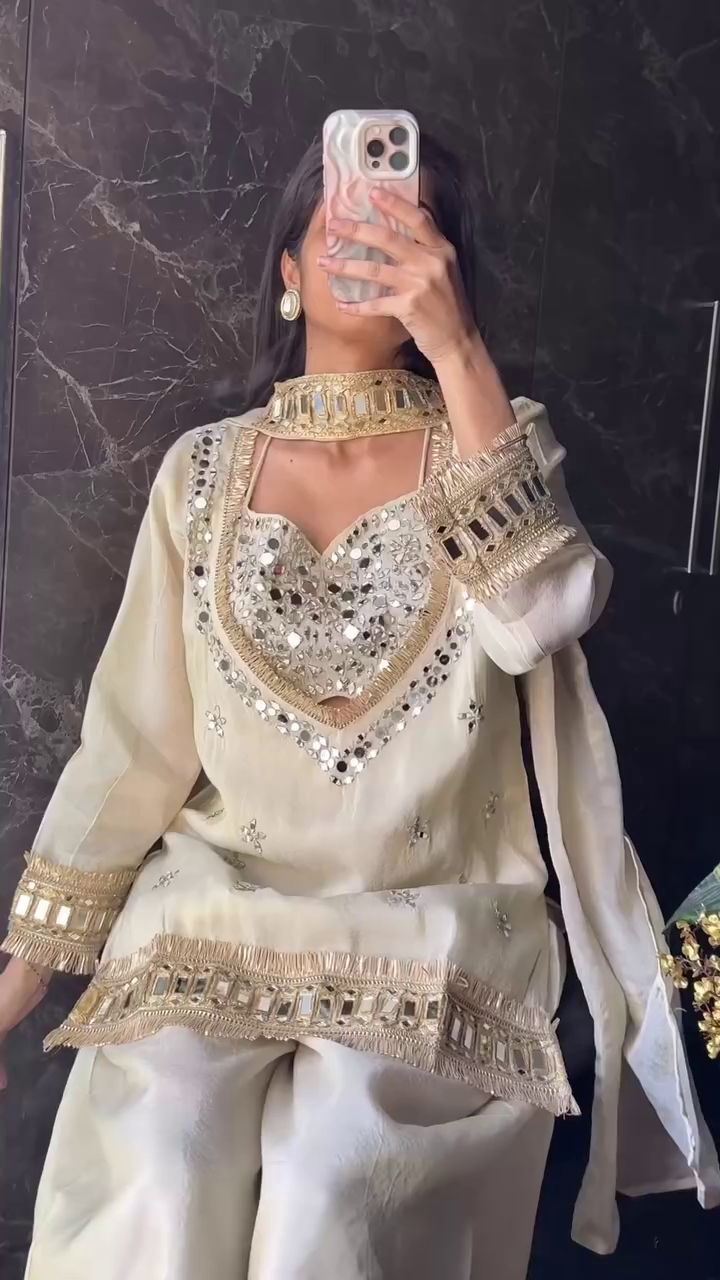 Elegant Champagne Gold Chinon Silk Co-Ord Set for Festive - Image 6