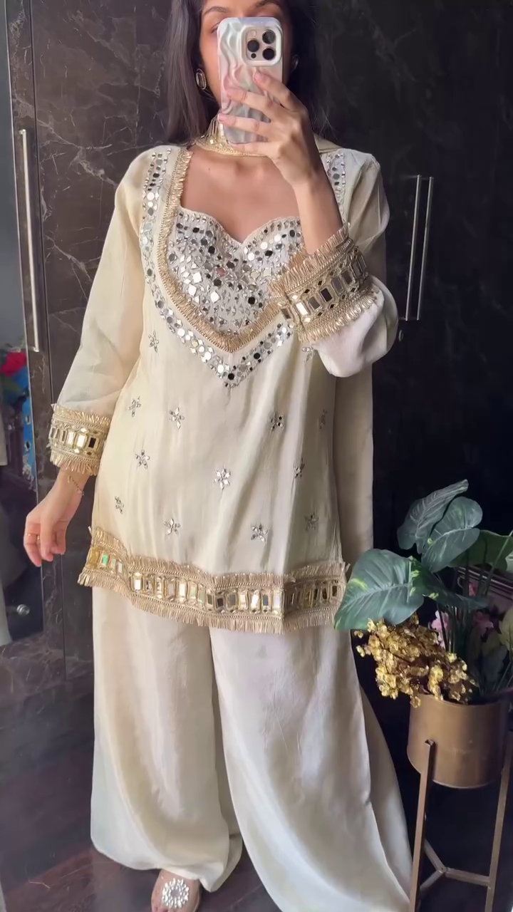 Elegant Champagne Gold Chinon Silk Co-Ord Set for Festive