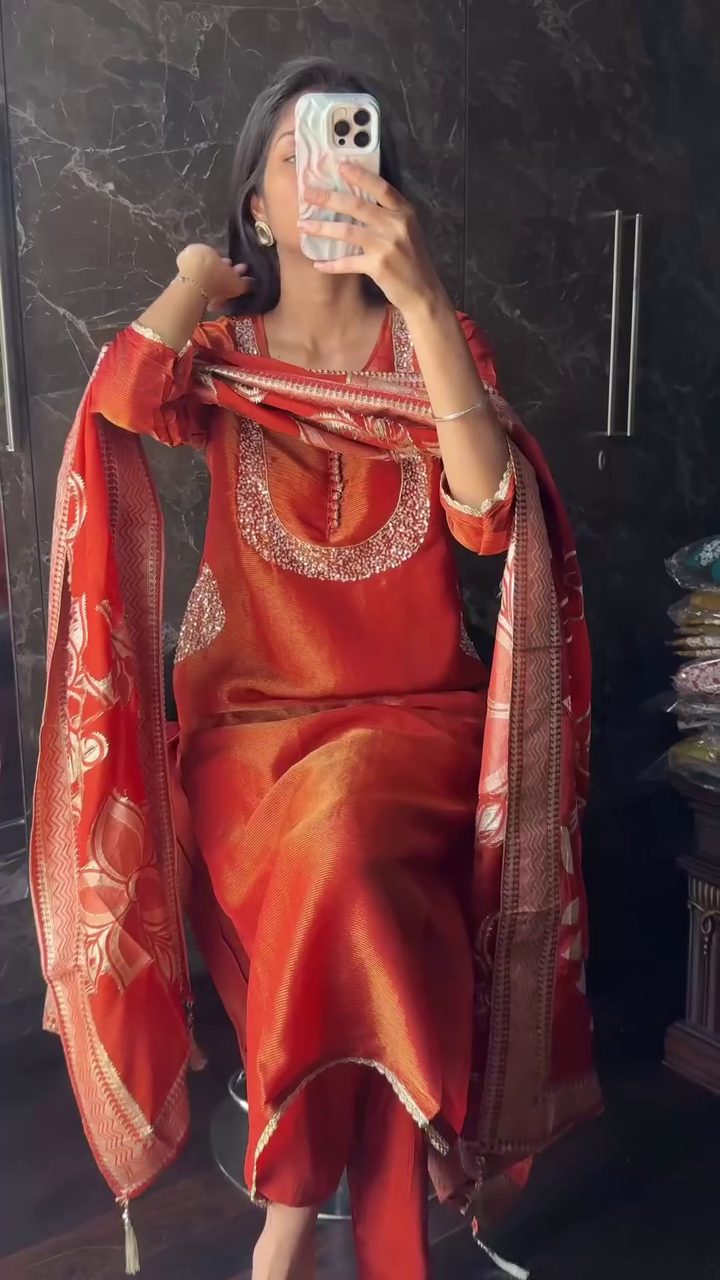 Women's Traditional Embroidered Kurta Pant Set, Orange with White Floral Printed Design Dupatta,Kurta Set For Women - Image 6