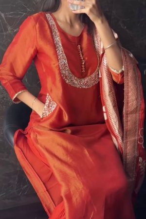 Women's Traditional Embroidered Kurta Pant Set, Orange with White Floral Printed Design Dupatta,Kurta Set For Women