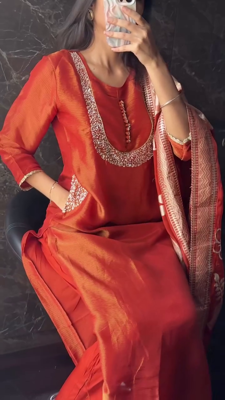 Women's Traditional Embroidered Kurta Pant Set, Orange with White Floral Printed Design Dupatta,Kurta Set For Women