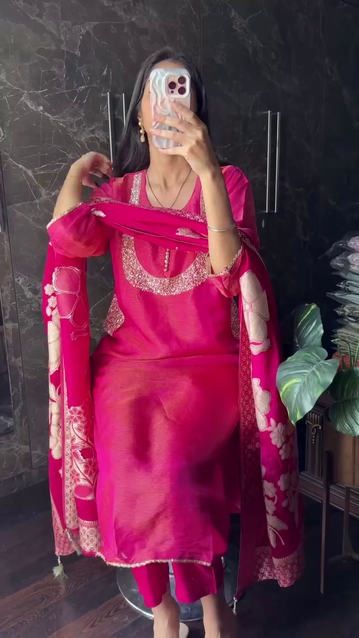 Women's Traditional Embroidered Kurta Pant Set, Orange with White Floral Printed Design Dupatta,Kurta Set For Women - Image 3