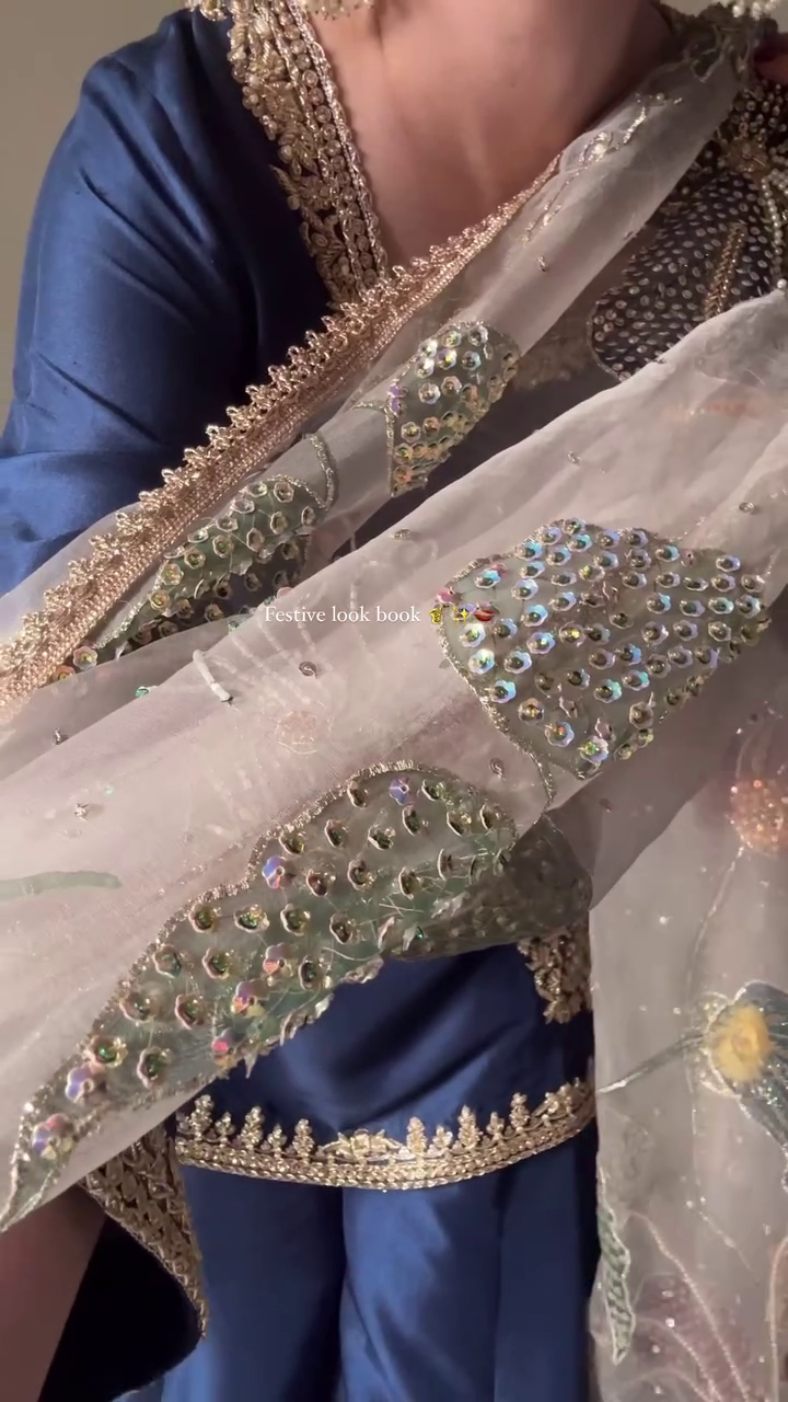 Exclusive Blue Chinon Silk Embroidery Work Sharara Suit With Dupatta - Image 6