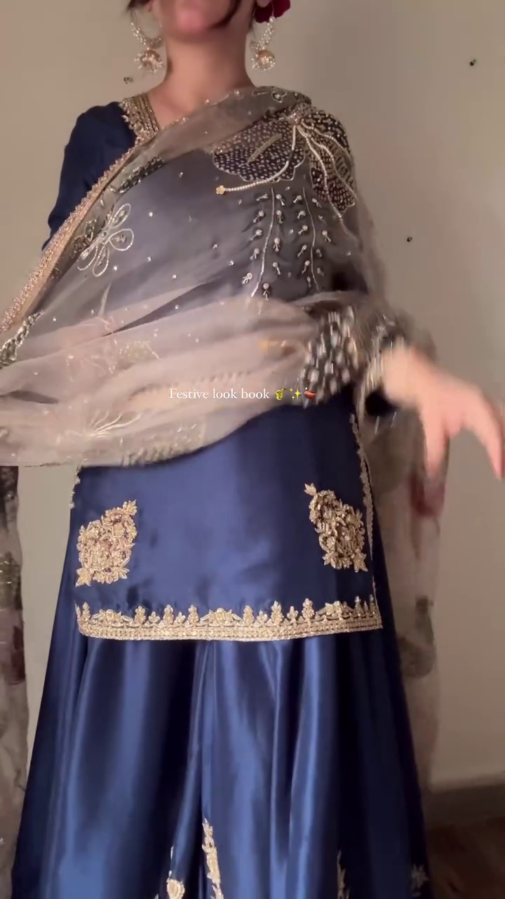Exclusive Blue Chinon Silk Embroidery Work Sharara Suit With Dupatta - Image 5