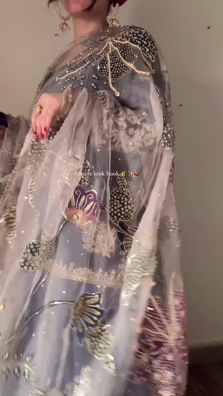 Exclusive Blue Chinon Silk Embroidery Work Sharara Suit With Dupatta - Image 4