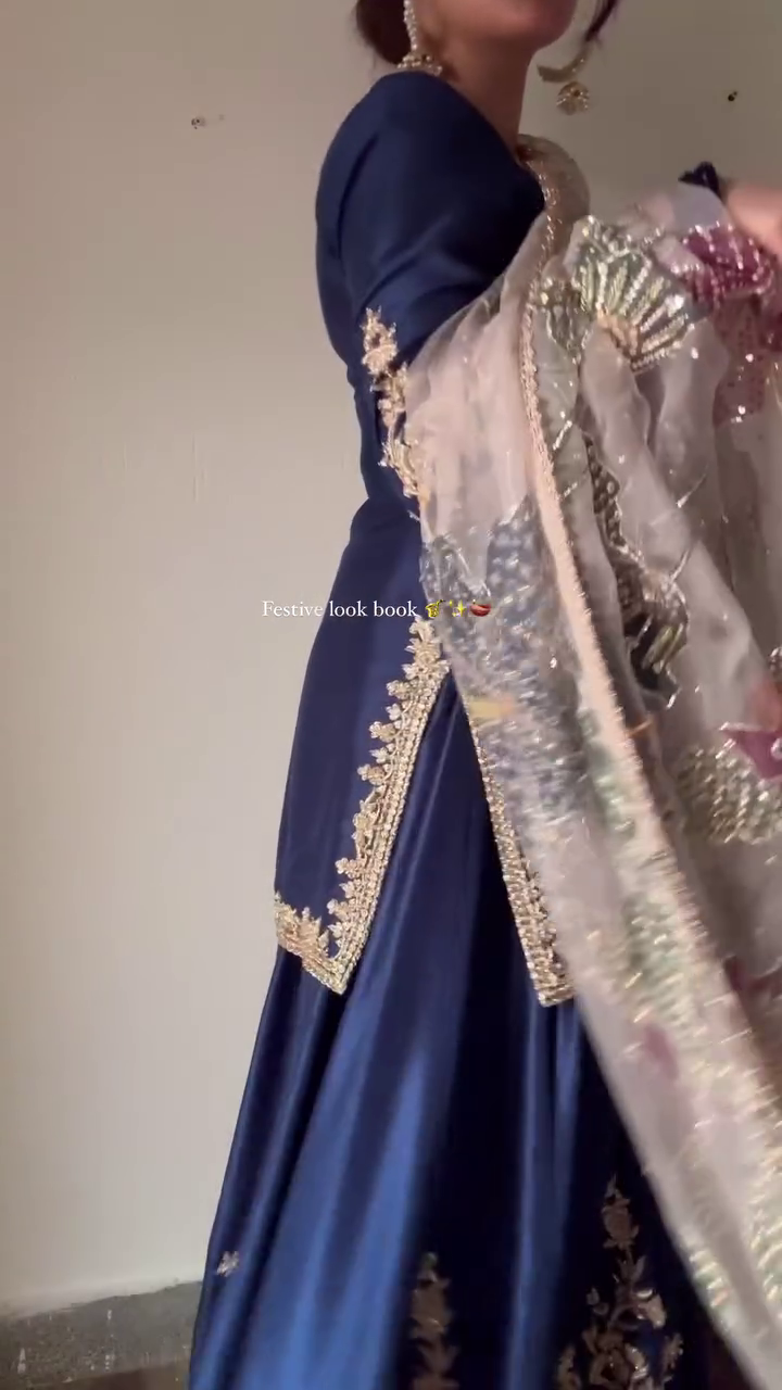 Exclusive Blue Chinon Silk Embroidery Work Sharara Suit With Dupatta - Image 3