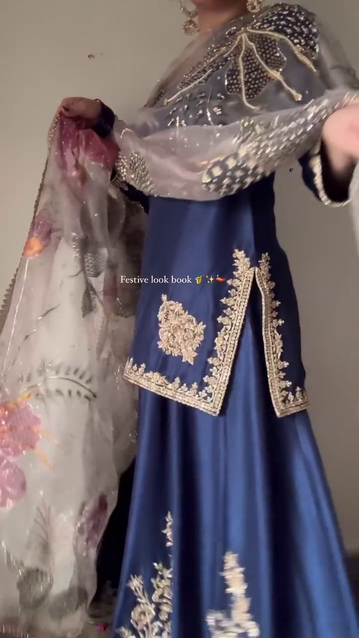 Exclusive Blue Chinon Silk Embroidery Work Sharara Suit With Dupatta