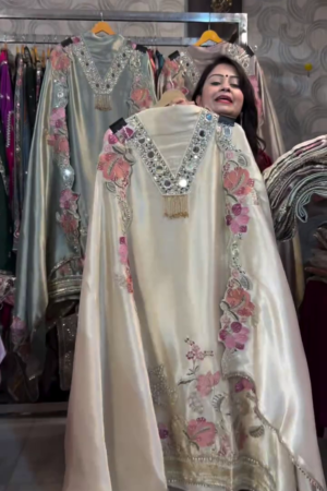 Pure Russian silk with Real Mirror Neck work amd Designer Ghera work