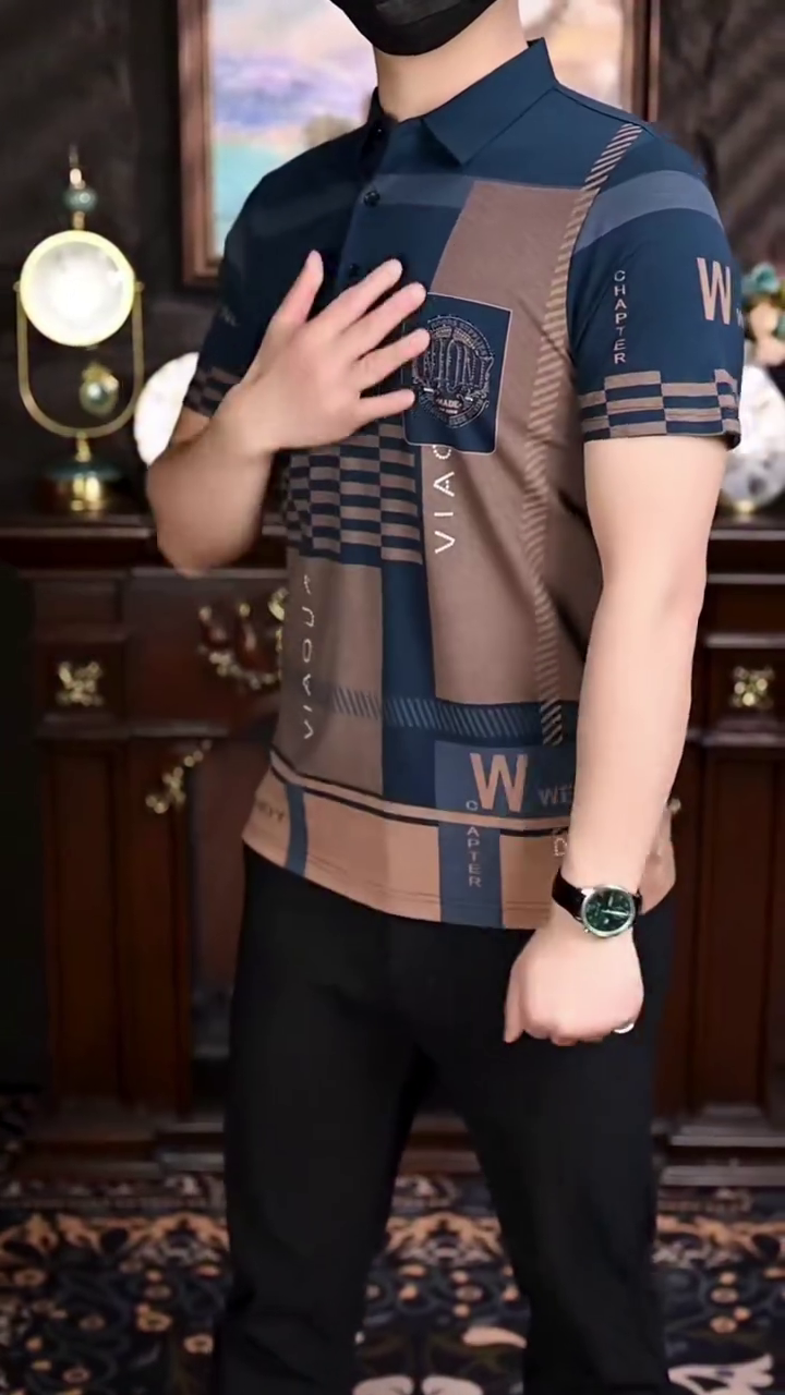 Men's Irregular Geometric Pattern and Alphabet Print Sports Collar Tshirt - Image 2